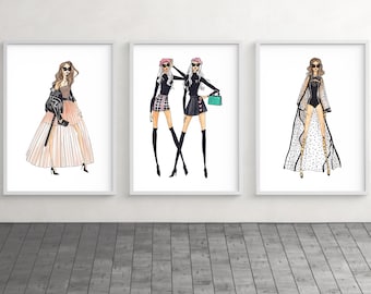 Fashion Wall Art, Girls Sketch, Fashionista Gift, Fashion Illustration Poster, Girly Decor, Set of 3 Prints