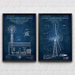 May include: Two vintage patent drawings on a blue background. The left drawing shows a windmill with a mechanical and electrical development and storage of wind power. The right drawing shows a wind turbine. The text on the left drawing reads "United States Patent Office" and "Walter L. Negraur, Joseph J. Feelt". The text on the right drawing reads "United States Patent Office" and "Palmer Cosslett Putnam".