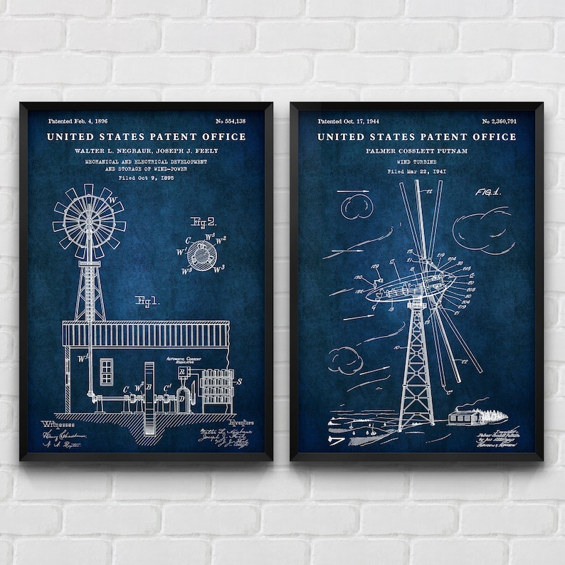 May include: Two vintage patent drawings on a blue background. The left drawing shows a windmill with a mechanical and electrical development and storage of wind power. The right drawing shows a wind turbine. The text on the left drawing reads "United States Patent Office" and "Walter L. Negraur, Joseph J. Feelt". The text on the right drawing reads "United States Patent Office" and "Palmer Cosslett Putnam".