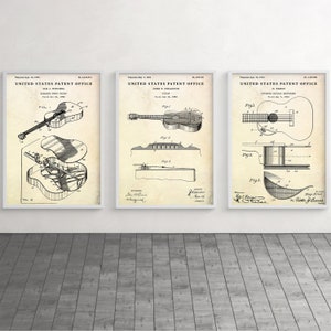 Acoustic Guitar Patent Wall Art, Guitar Player Gift, Musician Vintage Decor, Guitarist Blueprint Poster, Set Of 3 Prints