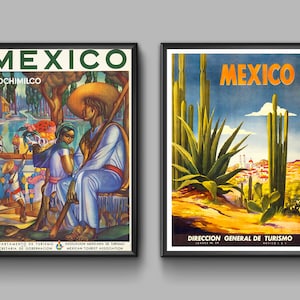 Mexico Wall Art, Vintage Travel Posters, Mexican Decor, Set Of 2 Prints