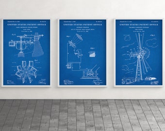 Renewable Energy Patent Art Prints: Solar, Wind, Hydro, Eco-Friendly Wall Decor Set of 3