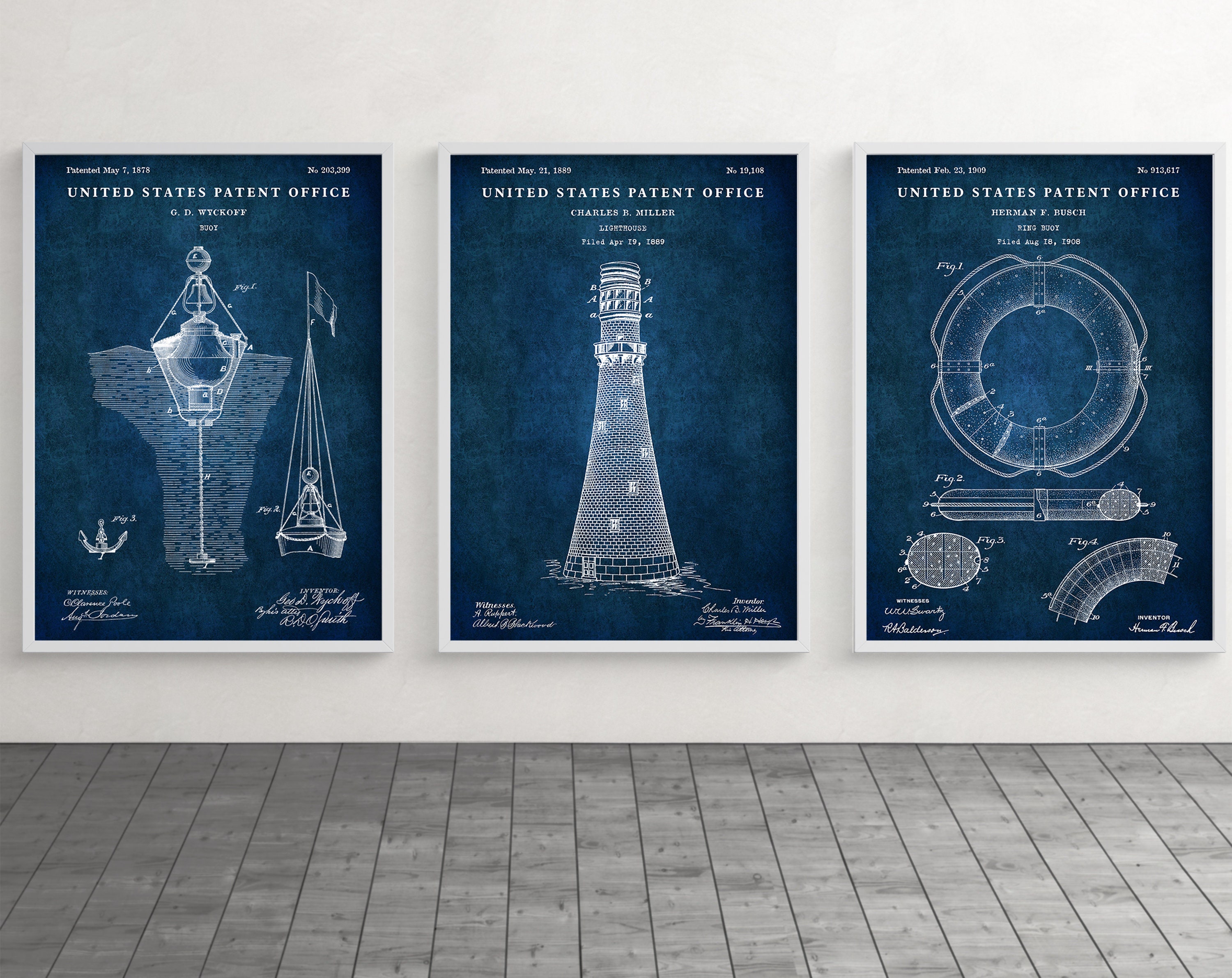 Nautical Wall Art: Lighthouse, Buoy & Lifebuoy Patent Poster, Marine ...