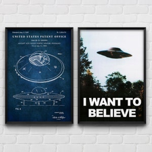 Sci-Fi Decor, UFO I Want To Believe Poster, Flying Saucer Patent Wall Art, Alien Theme Gift, Set Of 2 Prints