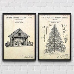 Christmas Holidays Vintage Wall Art: Christmas Crib & Christmas Tree Garland Patent Posters, Xmas Decor, Set Of 2 Prints