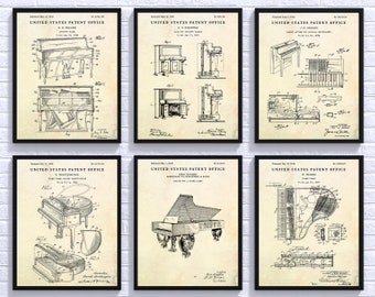 Arte mural de piano de cola, decoración vintage para sala de música, póster con plano de invención de instrumentos musicales, regalo para músicos, juego de 6 láminas de patentes