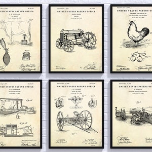 May include: A set of six vintage United States Patent Office prints featuring black and white illustrations of various inventions. The prints are on a cream-colored background with a distressed texture.