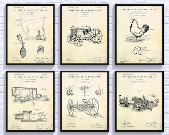 Farming Wall Art: Farm House Patent Prints, Vintage Agriculture Gift, Rustic Country Home, Barn Decor, Set Of 6 Blueprint Posters