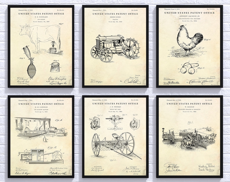 May include: A set of six vintage United States Patent Office prints featuring black and white illustrations of various inventions. The prints are on a cream-colored background with a distressed texture.
