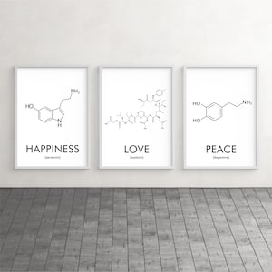 Amore, pace, felicità Molecole Wall Art: ossitocina, dopamina, serotonina, poster di chimica, set di 3 stampe