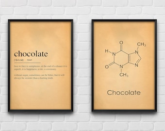 May include: Two framed wall art prints with a tan background. The left print features the dictionary definition of chocolate. The right print displays the chemical structure of theobromine with the word Chocolate printed below the diagram.