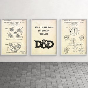 Arte de pared de patente DND, cuando el DM sonríe ya es demasiado tarde cartel, dados RPG de juego de mesa, decoración de dragones de mazmorras de regalo geek, conjunto de 3 impresiones