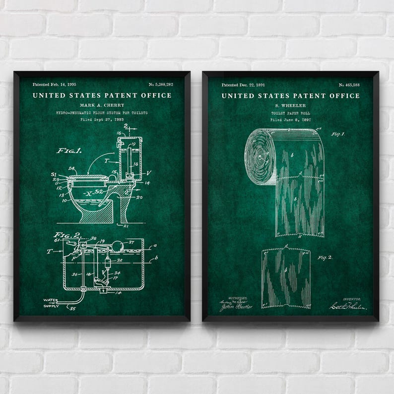 Toilet Flush & Paper Patent Poster, Bathroom Blueprint Wall Art ...