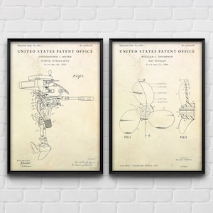 Outboard Motor & Propeller Patent Art Posters, Fishing Gift, Fisherman Boating Wall Decor, Powerboat Inventions Blueprint, Set Of 2 Prints
