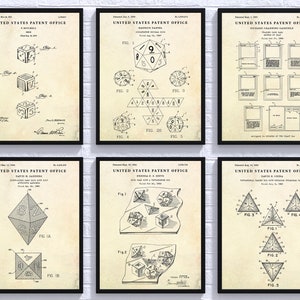 DnD Dice Board Games Vintage Patent Wall Art, Geeky Gift, RPG Die Poster, Nerd, Geek Decor, Set Of 6 Prints