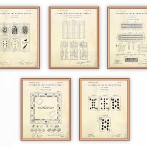 Art mural de jeu de société, art de brevet vintage de jeu de cartes, décor de jeu, affiche de plan, ensemble de 5 impressions