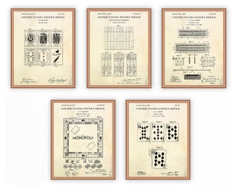 Board Game Wall Art, Card Game Vintage Patent, Gambling Decor, Blueprint Poster, Set Of 5 Prints