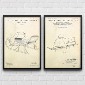 Winter Fun Wall Art: Sleigh & Snowmobile Patent Posters, Sledge Inventions Blueprint Gift, Sled Vintage Decor, Set Of 2 Prints