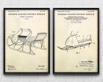 Winter Spaß Wandkunst: Schlitten & Schneemobil Patent Poster, Schlitten Erfindungen Blaupause Geschenk, Schlitten Vintage Dekor, 2er Set Drucke