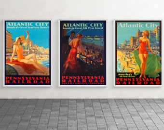 Atlantic City Travel Poster Set, Retro Wall Art, Vintage Gift
