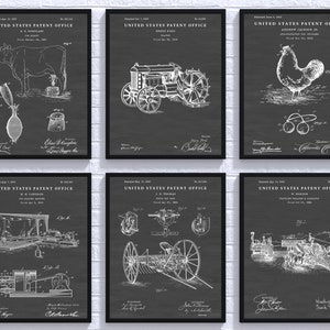 May include: A set of six black and white vintage patent prints featuring illustrations of various inventions. The prints are framed and have a distressed chalkboard background. The text on the prints includes the words "United States Patent Office" and the date of the patent.