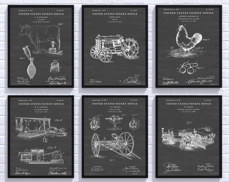 May include: A set of six black and white vintage patent prints featuring illustrations of various inventions. The prints are framed and have a distressed chalkboard background. The text on the prints includes the words "United States Patent Office" and the date of the patent.