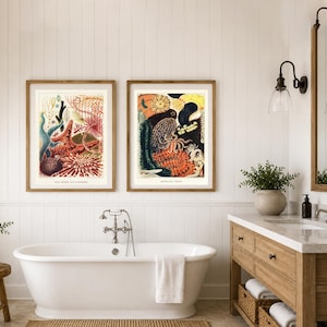 Lámina vintage de arrecife de coral, arte mural del océano tropical, decoración costera para el hogar, ilustración de vida marina.