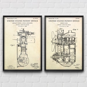 Arte mural de ingeniería, impresión artística de patente de motor de combustión interna, póster de planos, decoración de pared de garaje, regalo para entusiastas de los automóviles, juego de 2 impresiones