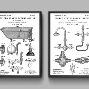 May include: Two black and white patent drawings for bathroom fixtures. The first drawing shows a bathtub with a detachable sprinkler. The second drawing shows a device for mixing hot and cold water for bathing. Both drawings include the text "United States Patent Office" and the inventor's name, "J. H. Stevens, Jr."