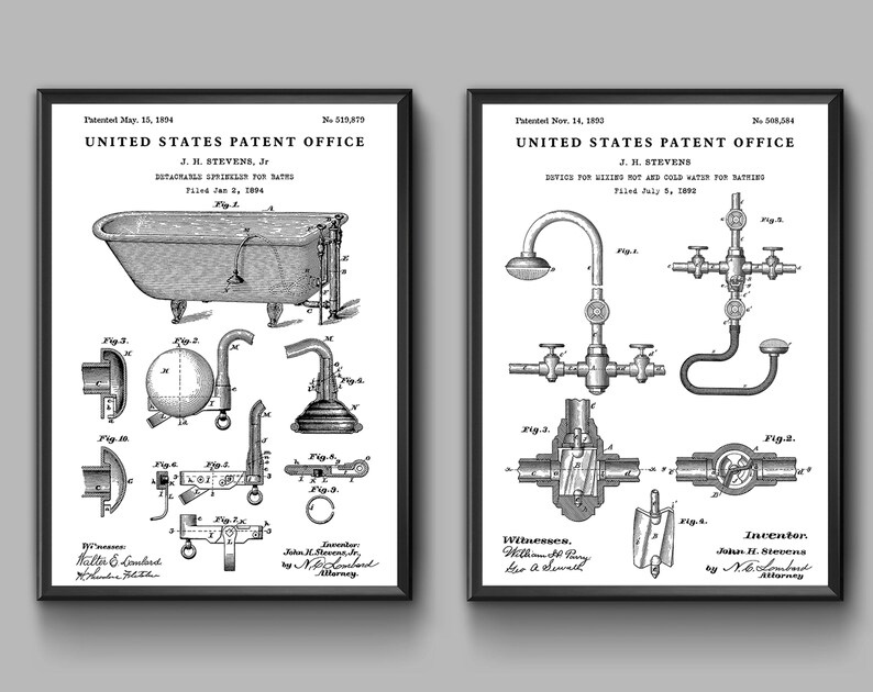 May include: Two black and white patent drawings for bathroom fixtures. The first drawing shows a bathtub with a detachable sprinkler. The second drawing shows a device for mixing hot and cold water for bathing. Both drawings include the text "United States Patent Office" and the inventor's name, "J. H. Stevens, Jr."