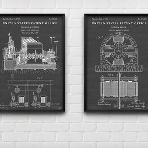 May include: Two black framed posters with white backgrounds. The left poster features a black and white illustration of Thomas A. Edison's electrical generator patent, dated July 17, 1883. The right poster features a black and white illustration of Nikola Tesla's electro-magnetic motor patent, dated May 1, 1888.