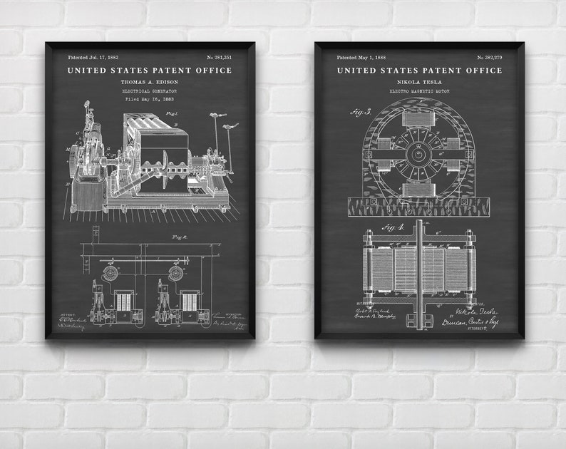 May include: Two black framed posters with white backgrounds. The left poster features a black and white illustration of Thomas A. Edison's electrical generator patent, dated July 17, 1883. The right poster features a black and white illustration of Nikola Tesla's electro-magnetic motor patent, dated May 1, 1888.