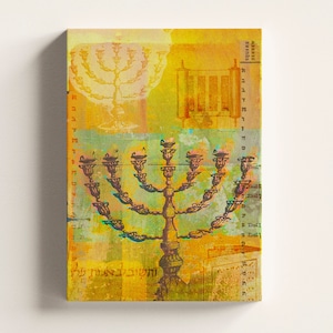 Jewish Painting Collage Wall Art, Menorah Print, Hebrew Decor, Judaica Gift Poster.  Wrapped Canvas Ready to Hang