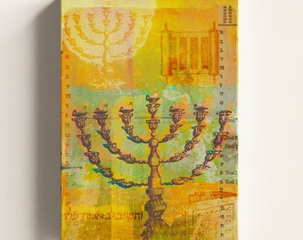 Jüdische Malerei Collage Wandkunst, Menorah Print, Hebräische Dekoration, Jejuda Geschenk Poster. Gewickelte Leinwand fertig zum Aufhängen