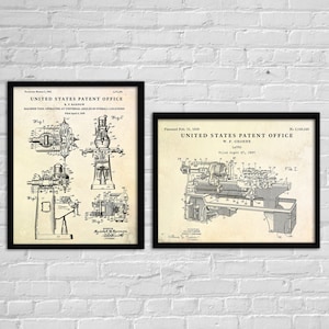Máquina de fresagem Bridgeport, arte de parede de patente de torno, pôster de planta baixa, garagem, decoração de caverna do homem, presente para engenheiros, conjunto de 2 impressões