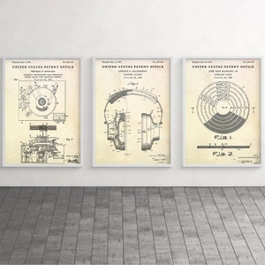 Arte de pared de regalo para audiófilos: tocadiscos de vinilo, carteles de patentes de auriculares, regalo de DJ amante del vinilo, decoración vintage de sala de música, conjunto de 3 impresiones