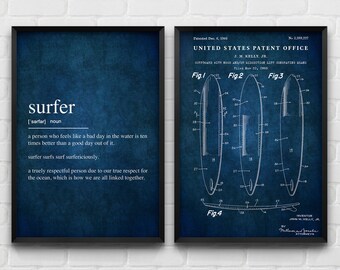Surfer Definition & Surfboard Art Prints, Surfing Patent Posters, Nautical Wall  Set Of 2