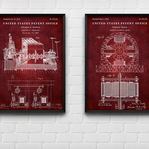 May include: Two framed vintage patent prints on a white brick wall. The left print is for Thomas A. Edison's Electrical Generator, patented July 17, 1883, No. 281,201. The right print is for Nikola Tesla's Electro Magnetic Motor, patented May 1, 1888, No. 381,279.