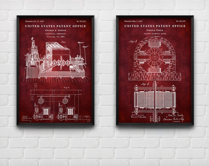 May include: Two framed vintage patent prints on a white brick wall. The left print is for Thomas A. Edison's Electrical Generator, patented July 17, 1883, No. 281,201. The right print is for Nikola Tesla's Electro Magnetic Motor, patented May 1, 1888, No. 381,279.