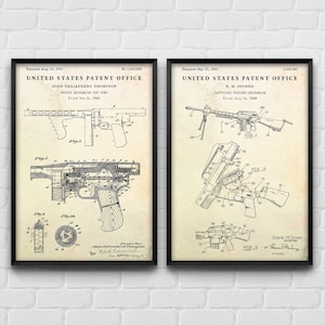 Submachine Gun & Machine Gun Patent Wall Art, Man Cave Decor, Tommy Gun Blueprint Poster, Military Gift, Set Of 2 Prints