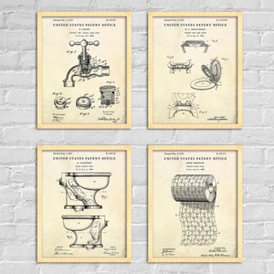 Bathroom Decor, Toilet Patent Vintage Wall Art, Blueprint Poster, Restroom WC Sign, Set Of 4 Prints