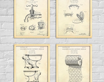 Toilet Patent Prints, Vintage Bathroom Decor, Blueprint Wall Art, Set of 4