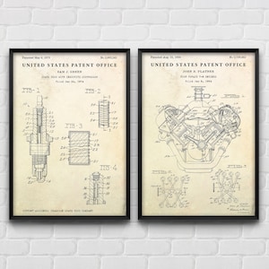 May include: Two vintage United States Patent Office documents. The left document is for a spark plug with an inductive suppressor, patented on May 6, 1975. The right document is for a high torque V-8 engine, patented on August 21, 1956.