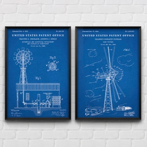 May include: Two framed blue prints of United States Patents for wind turbine designs. The left patent is for a wind turbine design by Walter L. Negaur and Joseph J. Feely, patented on February 4, 1896. The right patent is for a wind turbine design by Palmer Cosslett Putnam, patented on October 17, 1944.