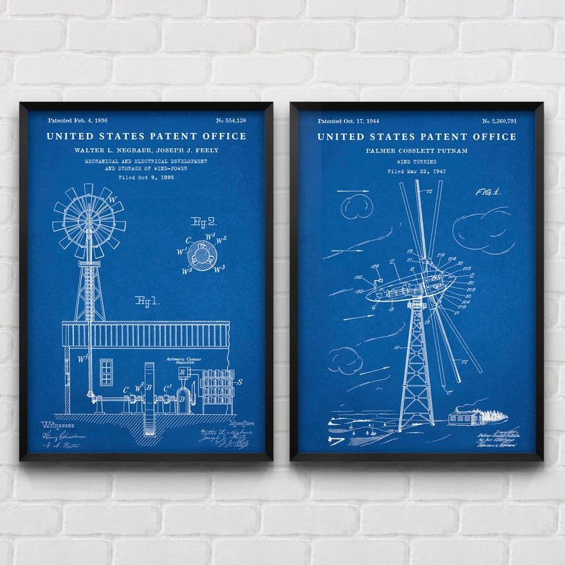 May include: Two framed blue prints of United States Patents for wind turbine designs. The left patent is for a wind turbine design by Walter L. Negaur and Joseph J. Feely, patented on February 4, 1896. The right patent is for a wind turbine design by Palmer Cosslett Putnam, patented on October 17, 1944.