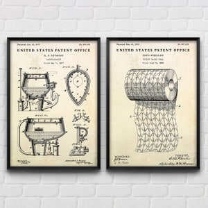 Arredamento vintage per il bagno: WC e carta igienica, arte della parete brevettata, invenzioni per il bagno, poster del progetto WC, set di 2 stampe