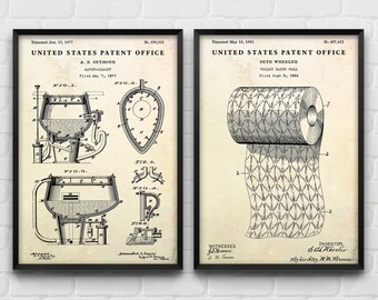 Vintage Restroom Patent Art Prints: Toilet & Paper, WC Blueprint Poster, Set of 2