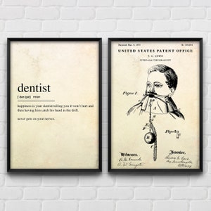Definición de dentista y arte de pared de patente vintage dental, carteles de odontología, juego de 2 impresiones