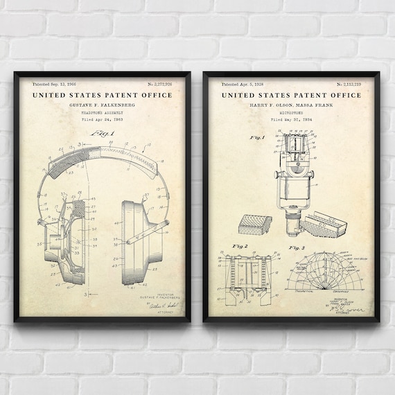 Music Recording Wall Art: Microphone & Headphones Patent Posters