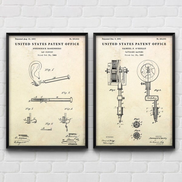 Piercing Device & Tattoo Machine Patent Wall Art, Inventions Blueprint Poster, Tattoo Parlor Vintage Decor, Set Of 2 Prints